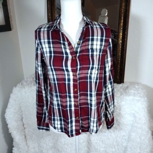 SO BURGUNDY, NAVY, & WHITE PLAID SHIRT SZ.XS EUC - Picture 2 of 7